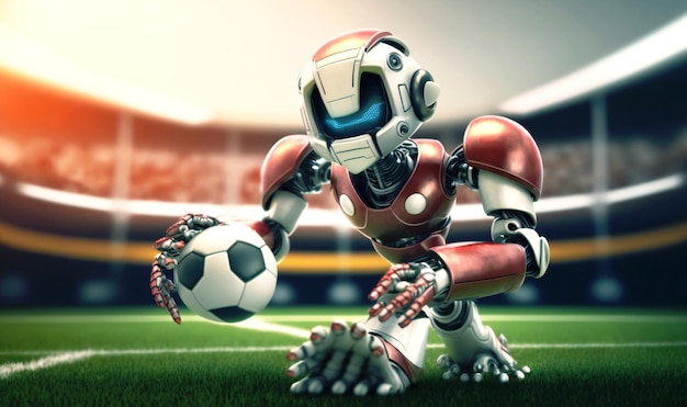 Een schattige robot die voetbal speelt in het speelveld