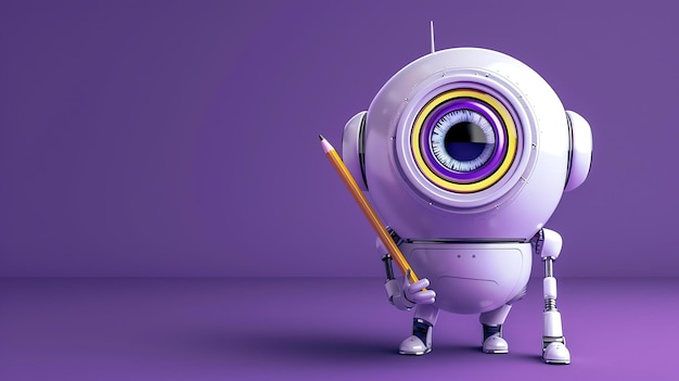 Een schattige robot met een potlood, een groot oog en een klein lichaam, staat op een paarse achtergrond en kijkt naar de camera.