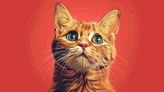 Een schattige roodharige kat die naar boven kijkt met grote groene ogen de kat heeft een pluizige oranje vacht en een roze neus de achtergrond is een vaste rode kleur