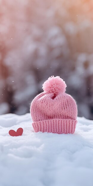 Een schattige roze hoed in de sneeuw.