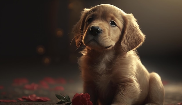 Een schattige schattige Golden Retriever-puppy gepresenteerd als een Valentine39s Day Image Generative AI