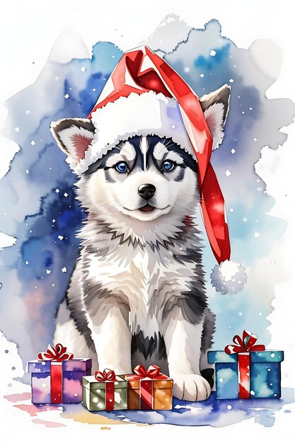 Een schattige schattige kerst husky puppy die een aquarel draagt