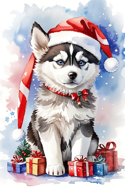 Een schattige schattige kerst husky puppy die een aquarel draagt