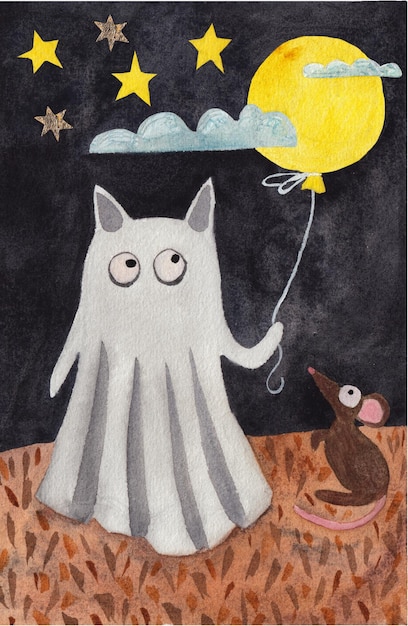 Een schattige spookkat houdt een maanbal vast Halloween-kaart aquarel illustratie