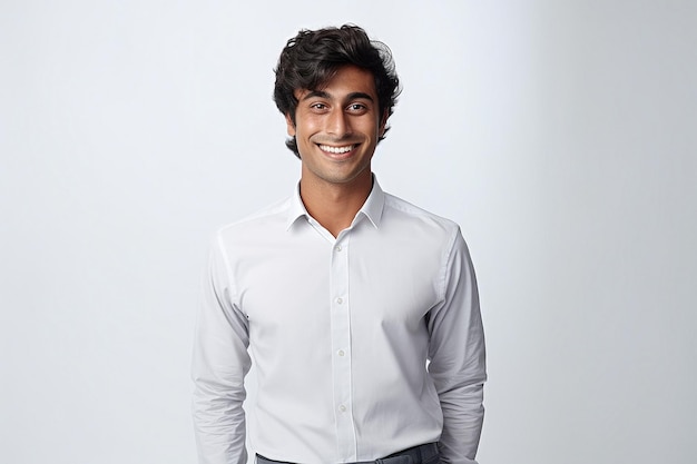 Een schattige succesvolle jonge Indiase man in een wit shirt op een witte achtergrond.