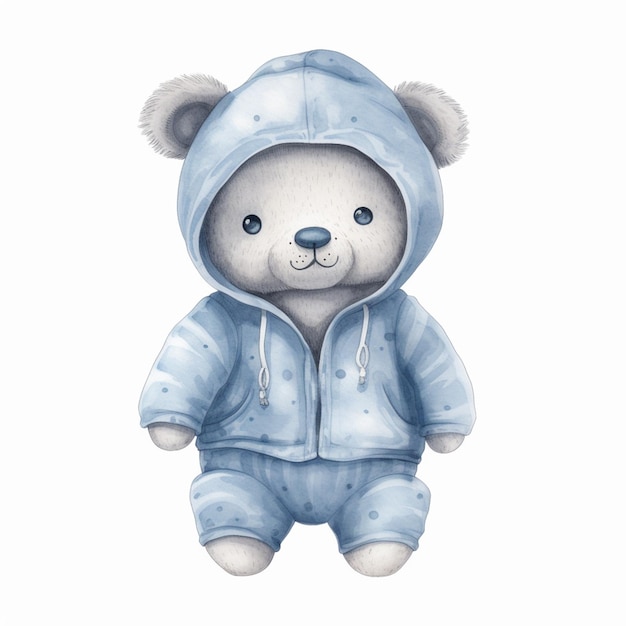 Een schattige teddybeer met een blauwe hoodie.