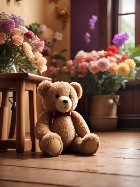 Een schattige teddybeer zit op een houten vloer in een huis met kleurrijke bloemen