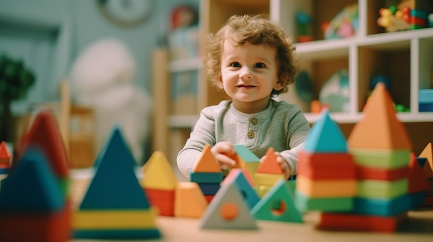 Een schattige vrolijke kleine peuterjongen van twee jaar oud die Generatieve AI zit