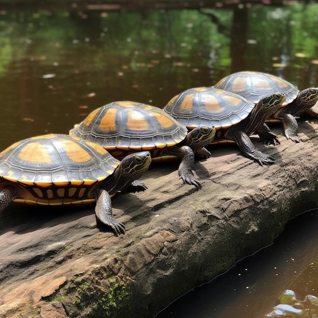 Een schattige waterschildpad in een natuurreservaat, koesterend op een tak die uit het water komt