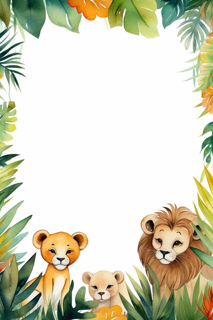 Een schattige waterverf jungle thema grens met dieren frame achtergrond