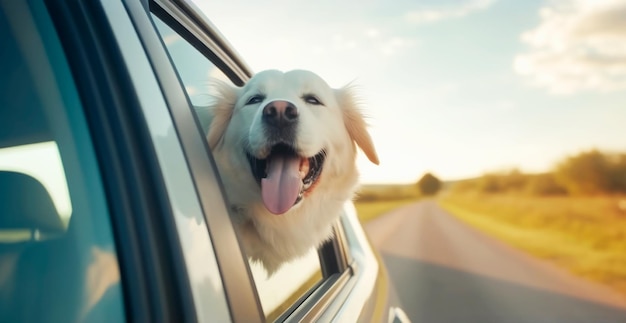 Een schattige witte pluizige hond die uit het raam van de auto kijkt.