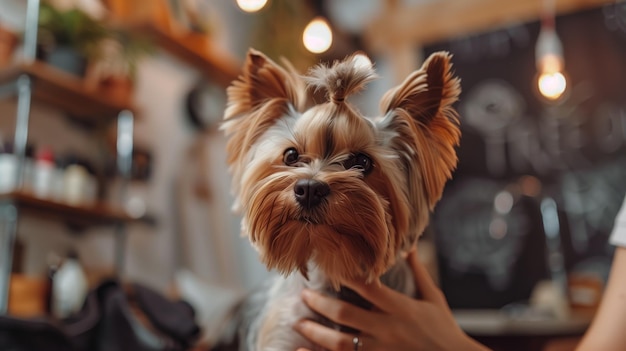 Een schattige Yorkshire Terrier met een topknot in een café.