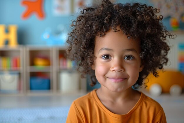 een schattige zwarte jongen met krullend haar die naar de camera kijkt in de speelkamer thuis Concept van onschuld in de kindertijd