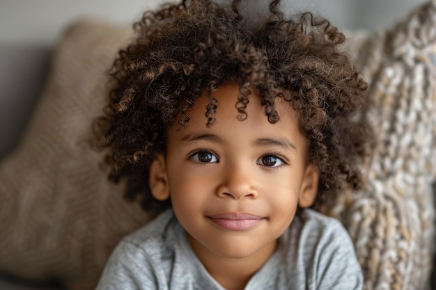 Een schattige zwarte jongen met krullend haar en een ondeugende glimlach die met nieuwsgierigheid en verlegenheid naar de camera kijkt Concept van onschuld in de kindertijd