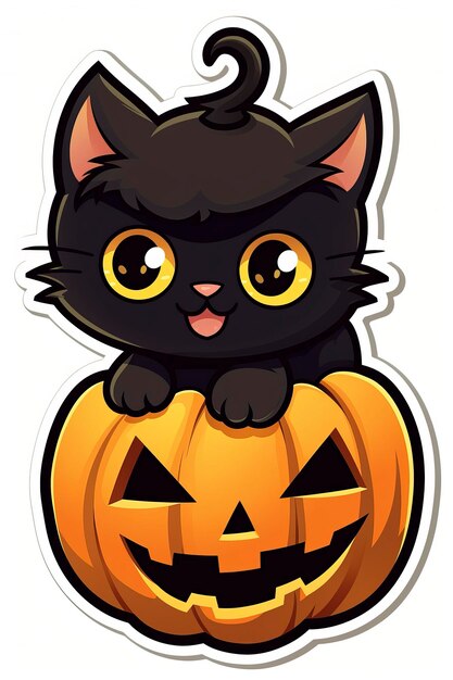 een schattige zwarte kat met een pompoenhoofd voor halloween sticker minimale kleuren cartoon doodle styl