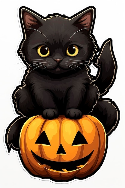 een schattige zwarte kat met een pompoenhoofd voor halloween sticker minimale kleuren cartoon doodle styl