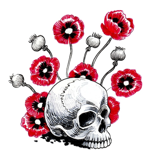 Een schedel en bloemen met een schedel in het midden.