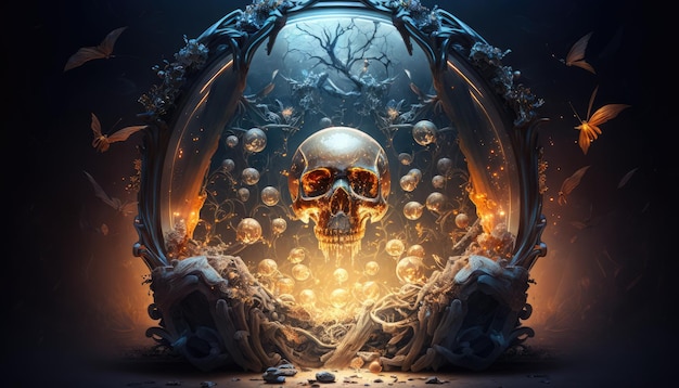 Een schedel en botten in een donkere kamer