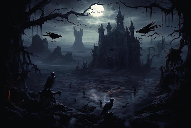 een schedel en kraaien in een oud donker kasteel in de stijl van fotorealistische landschappen