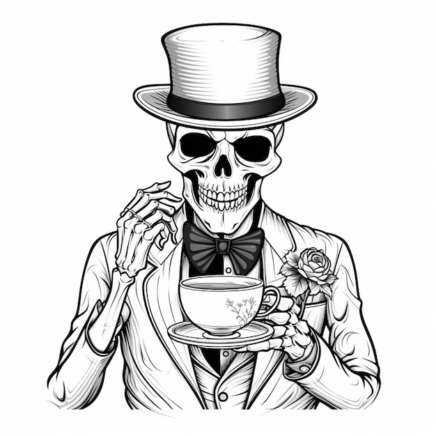 een schedel in een hoed en stropdas met een kop koffie generatieve ai