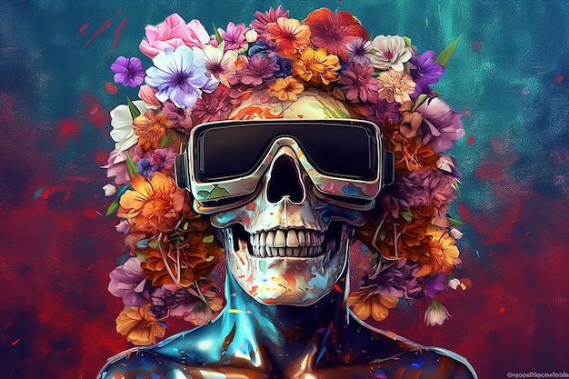 Een schedel in een virtuele realiteitsbril met kleurrijke bloemen rond het concept van de toekomst is virtuele realiteit