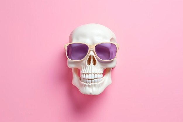Een schedel in plastic glimlachend met zonnebril geïsoleerd op platte studio achtergrond