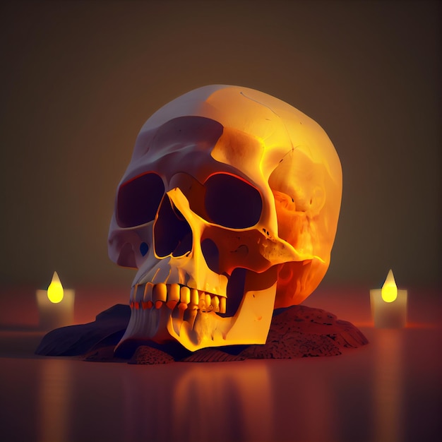 Een schedel is omgeven door kaarsen en er brandt een kaars.