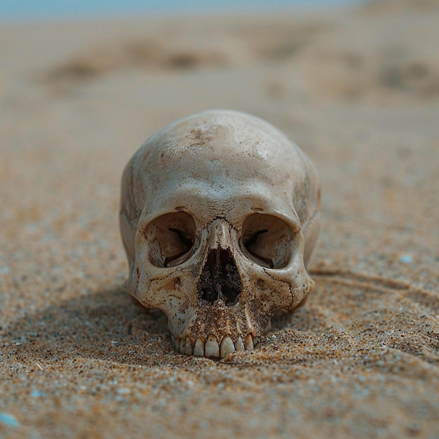 Foto een schedel ligt in het zand op een strand.