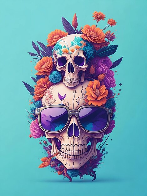 Een schedel met bloemen en een bril erop