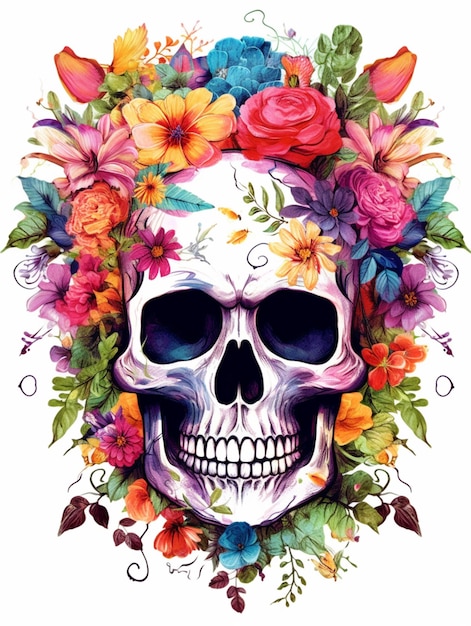 een schedel met bloemen in zijn hoofd en een witte achtergrond generatieve ai