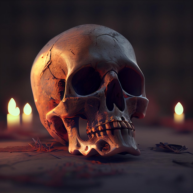 Een schedel met de onderkaak en de onderkaak zit op een tafel met brandende kaarsen.