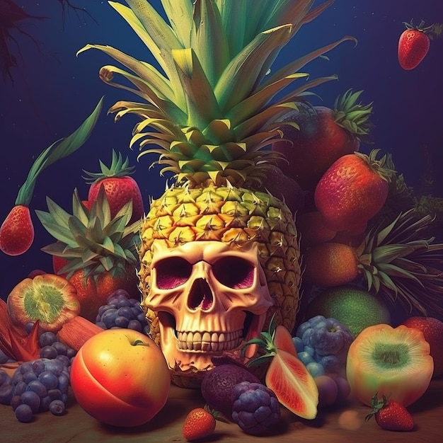 Een schedel met een ananas erop en een bosje fruit erop