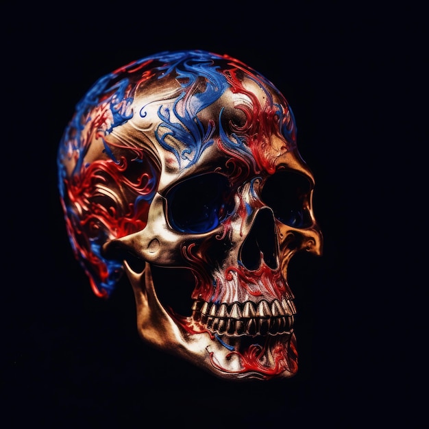 Een schedel met een blauw en rood ontwerp