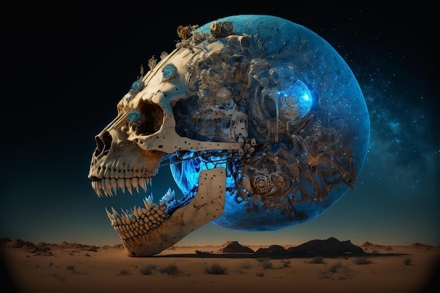 Een schedel met een blauw licht en het woord schedel erop
