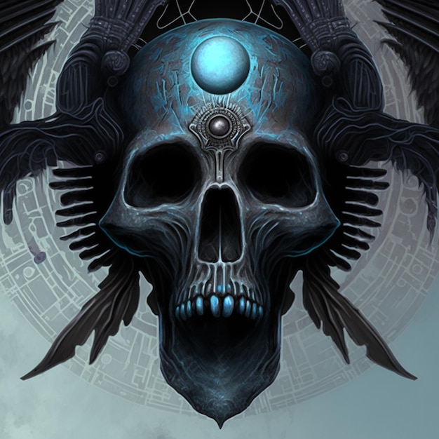 Een schedel met een blauw oog en een blauw oog staat op een blauwe achtergrond.