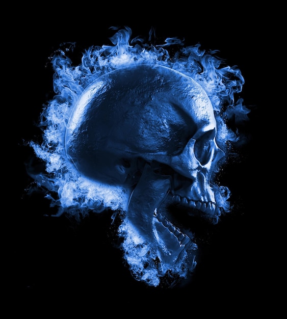 een schedel met een blauwe achtergrond die zegt schedel