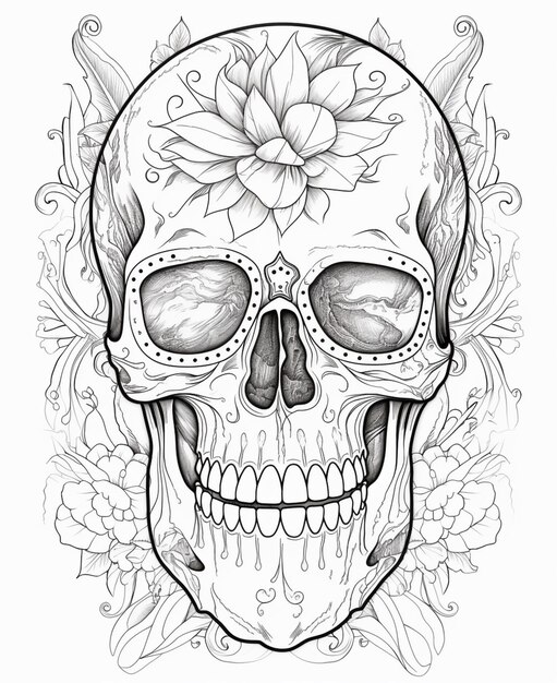 Een schedel met een bloem op het voorhoofd en een zonnebril.