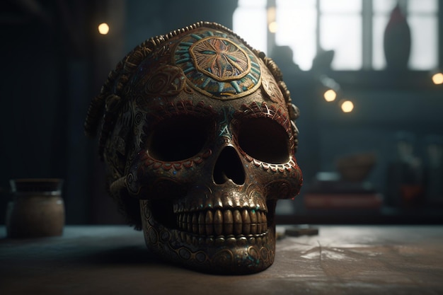 Een schedel met een decoratie in Mexicaanse stijl erop