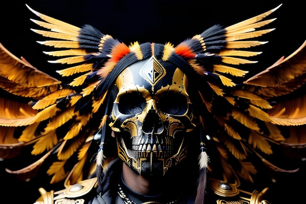 Een schedel met een gouden schedelmasker met een gevederde hoofdtooi.