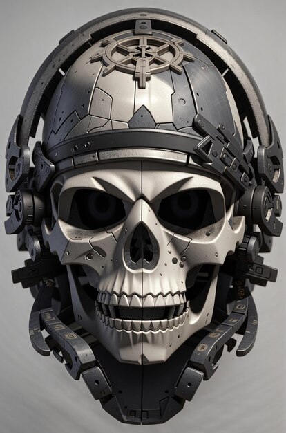Een schedel met een helm waarop "radio" staat.