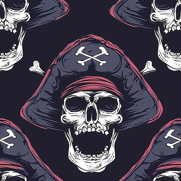 Een schedel met een hoed waarop pirate staat.