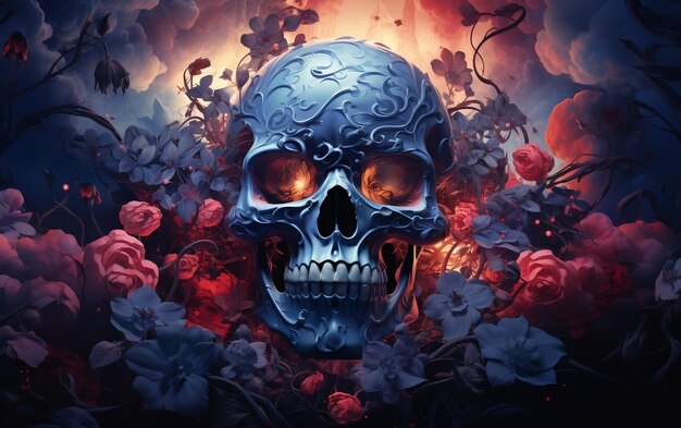 Een schedel met een krans van bloemen op zijn hoofd AI