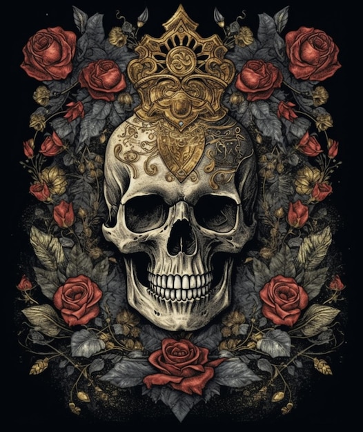 Een schedel met een kroon en rozen erop
