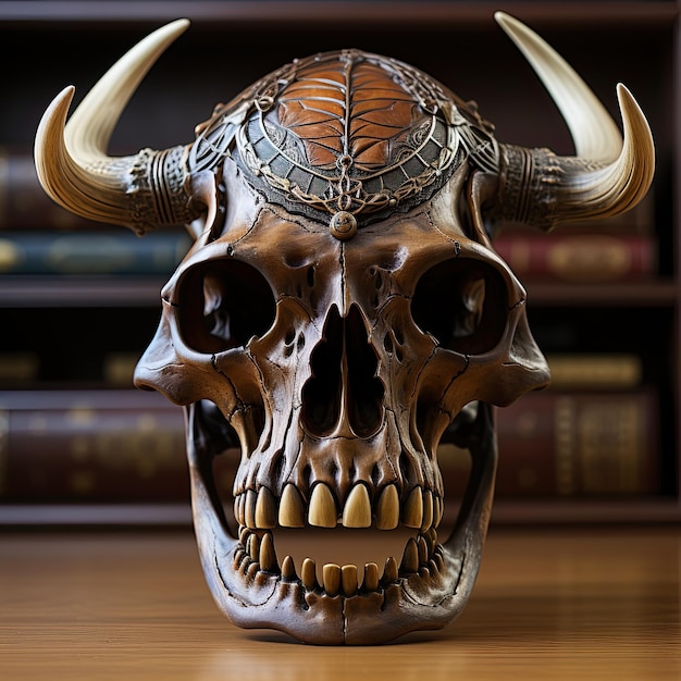 Een schedel met een metalen gezicht en horens zit op een tafel.
