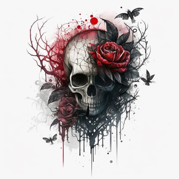 een schedel met een roos op het hoofd en een gespatte roos generatieve ai