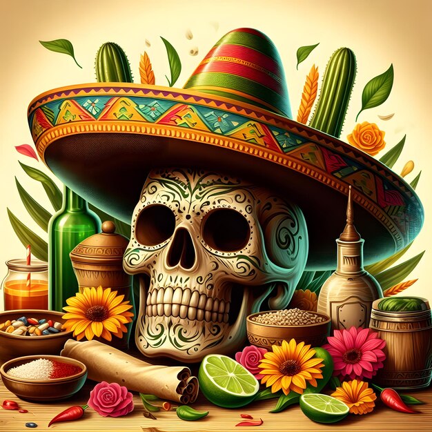 een schedel met een sombrero en bloemen erop