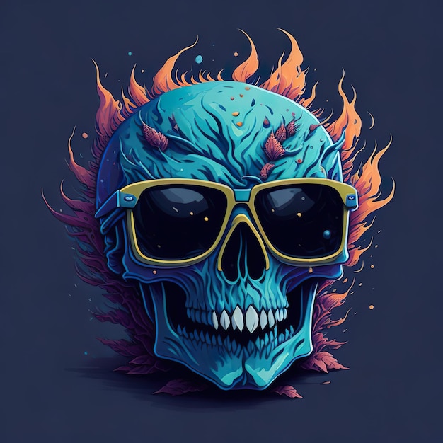 Een schedel met een zonnebril en een vuur erop