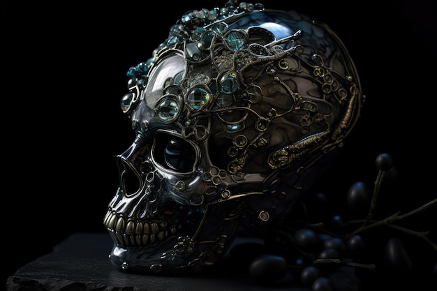 Een schedel met een zwarte achtergrond en turquoise kralen erop.