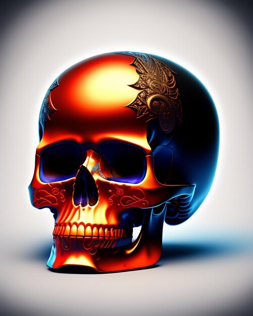 Een schedel met een zwarte en oranje schedel erop