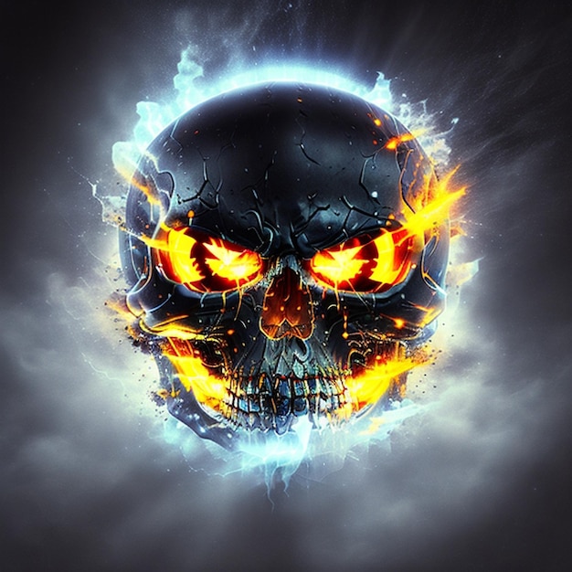 Een schedel met oranje ogen en een zwarte achtergrond met vlammen als vuur.